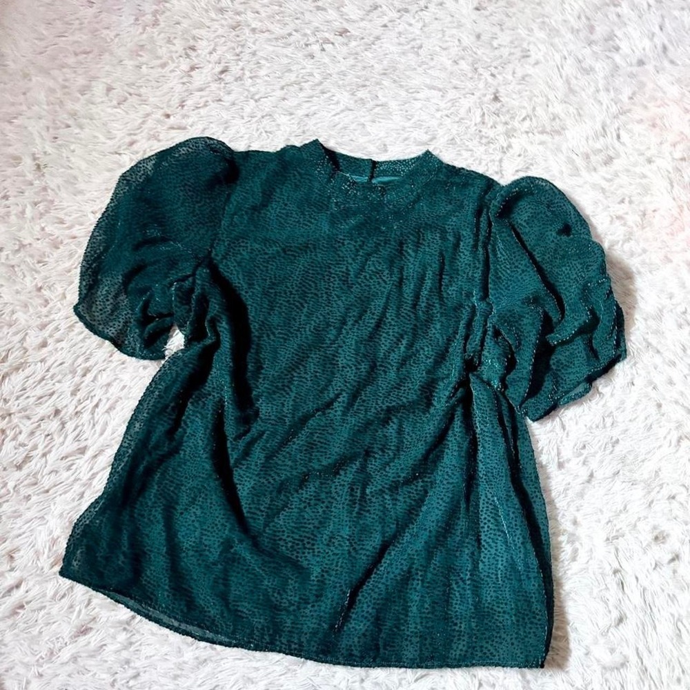 Teal Peacock Velvet Textured Puff Sleeve Polka Dot High Neck Top Womens XL Vivid